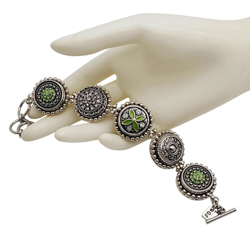 Silver Tone Green Rhinestone Bracelet‎ Medallion Links Enamel Flower Toggle Y2K
